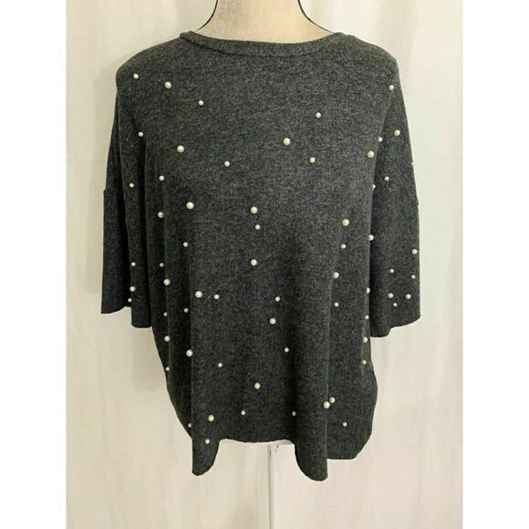 Zara Womens Charcoal Gray Pearl Short Sleeve Sweater Top Small - Picture 1 of 6
